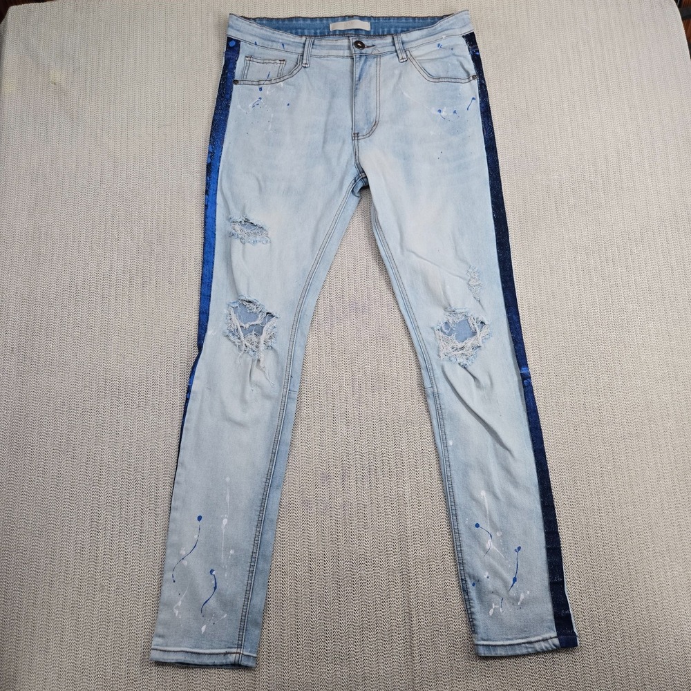 KDNK Jeans Mens 34x32 Blue Denim Straight Leg Distressed Hip Hop Streetwear